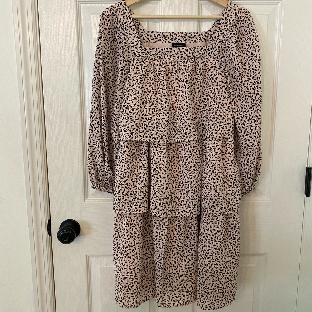 WHO WHAT WEAR Baby Pink Ruffled Dress with Leaf Print. Size Small.